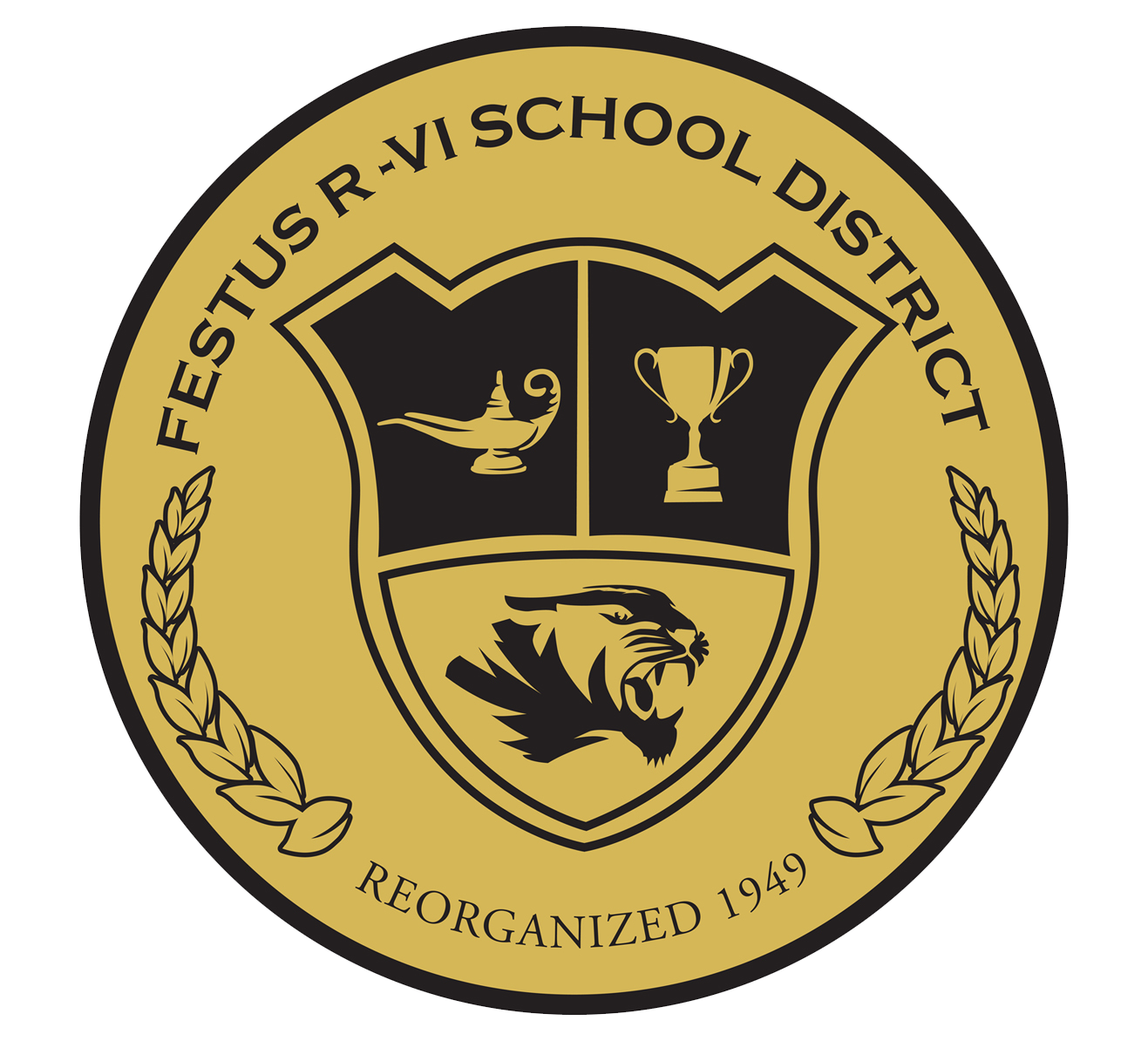 School crest with "Festus R-VI School District" around the inside of a circle. With a tiger head, trophy, and lamp of knowledge in the middle.